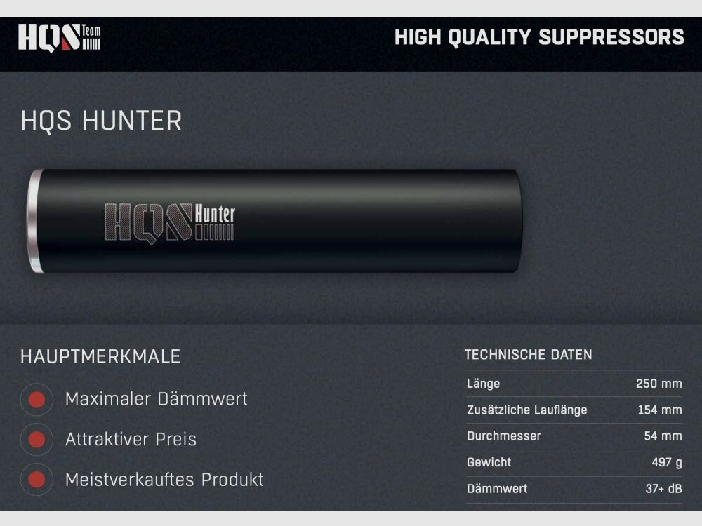HQS Schalldämpfer HUNTER Kaliber max. 7,62mm/.30 inklusive Adapter Ohne
