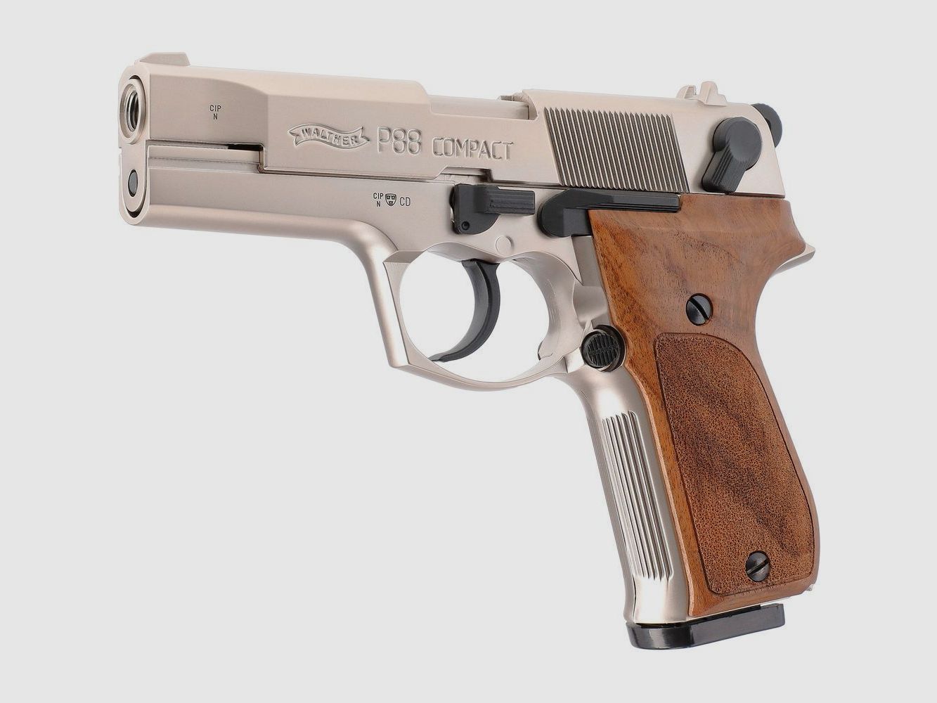 Walther P88 pistolet à blanc 9 mm P.A.K., finition nickel, avec plaquettes en bois