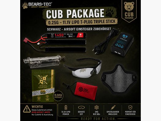 Cub Package 0.25g – 11.1v LiPo T-Plug Triple Stick Schwarz – Anfänger Zubehörset für Airsoft