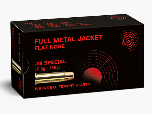 50 Schuss GECO .38 SPECIAL FMJ Flat Nose Vollmantel Flachkopf Munition 158gr 10,2g Revolverpatronen