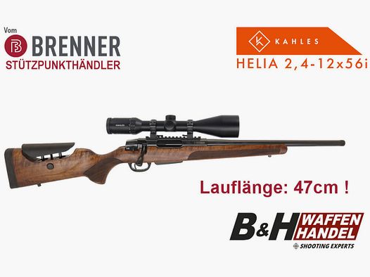 Brenner Komplettpaket: Repetierbüchse BR20 L.E. (verstellbarer Schaftrücken, LL 47cm) mit Kahles Helia 2.4-12x56i Komplettset