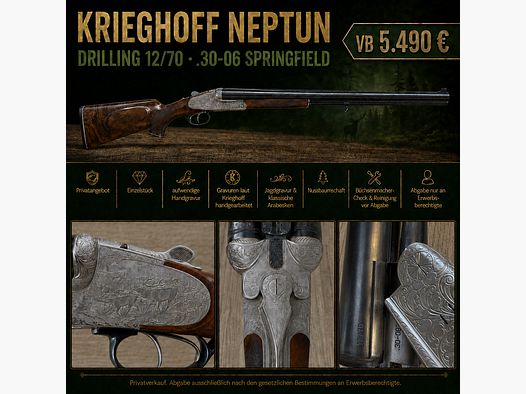 Krieghoff Neptun Drilling 12/70 – .30-06 Springfield – uitgebreide handgravure