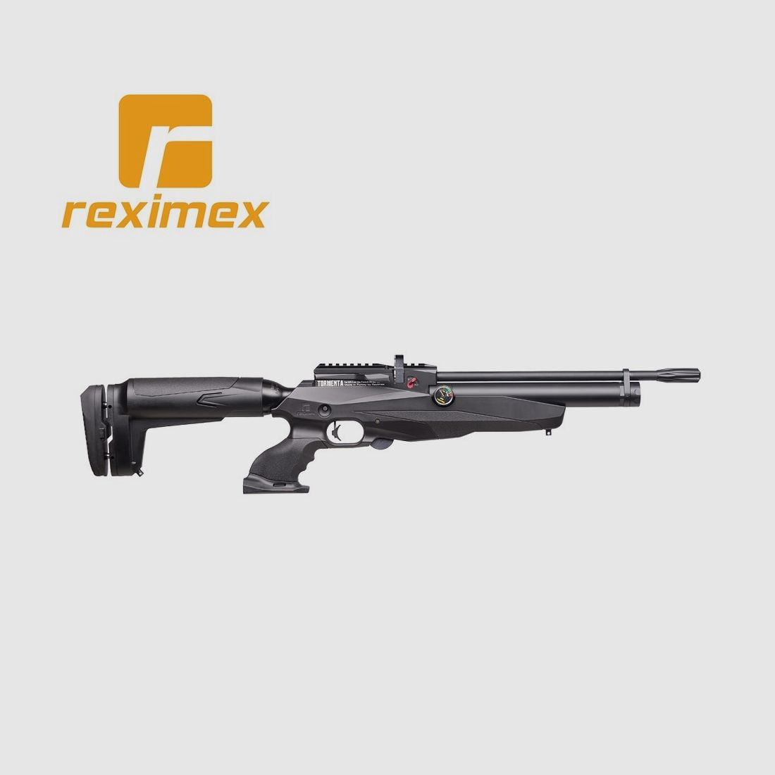 Pistolet PCP Reximex Tormenta calibre 5,50 mm. Synthétique noir. 24 joules.