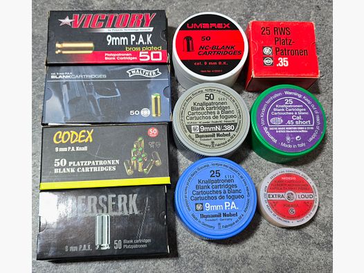 Blank cartridges 9mm PAK 9mm RK .35 .45 Short Walther Skullfire RWS Berserk