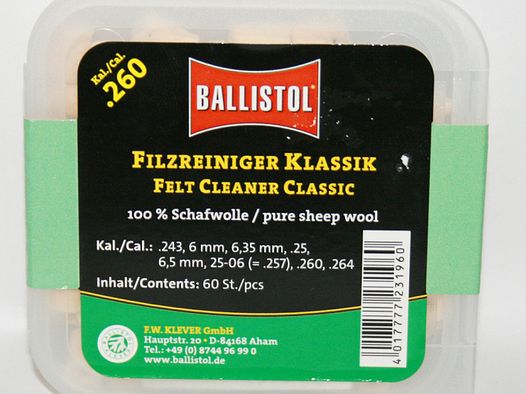 60x BALLISTOL Reinigungsfilze/Filzreiniger KLASSIK Cal .260 | 100%Schafwolle |.243/6mm/6,5mm/.25.264