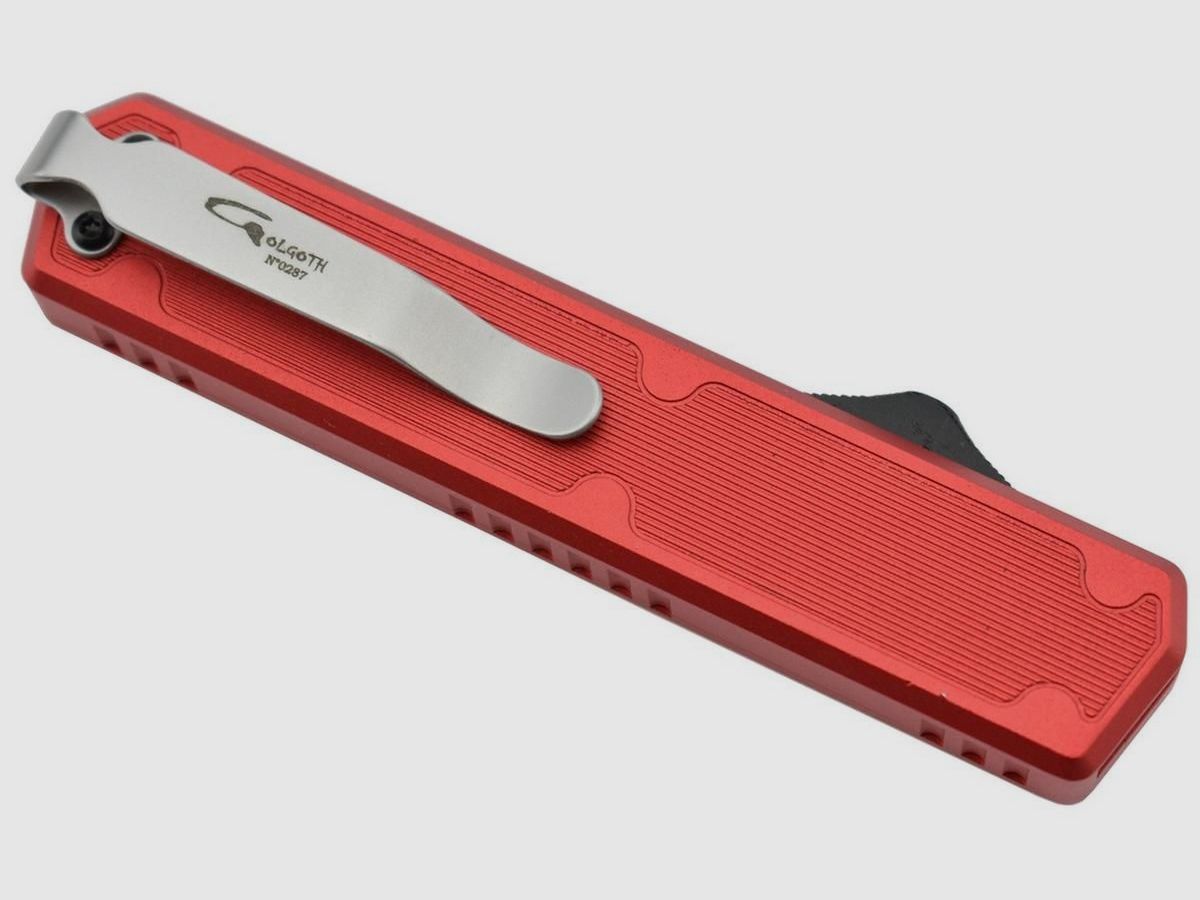 Golgoth G11BS3 rotes Automatikmesser OTF D2 Dolchklinge mit einseitiger Wellenschliff, Bild 8 von 10