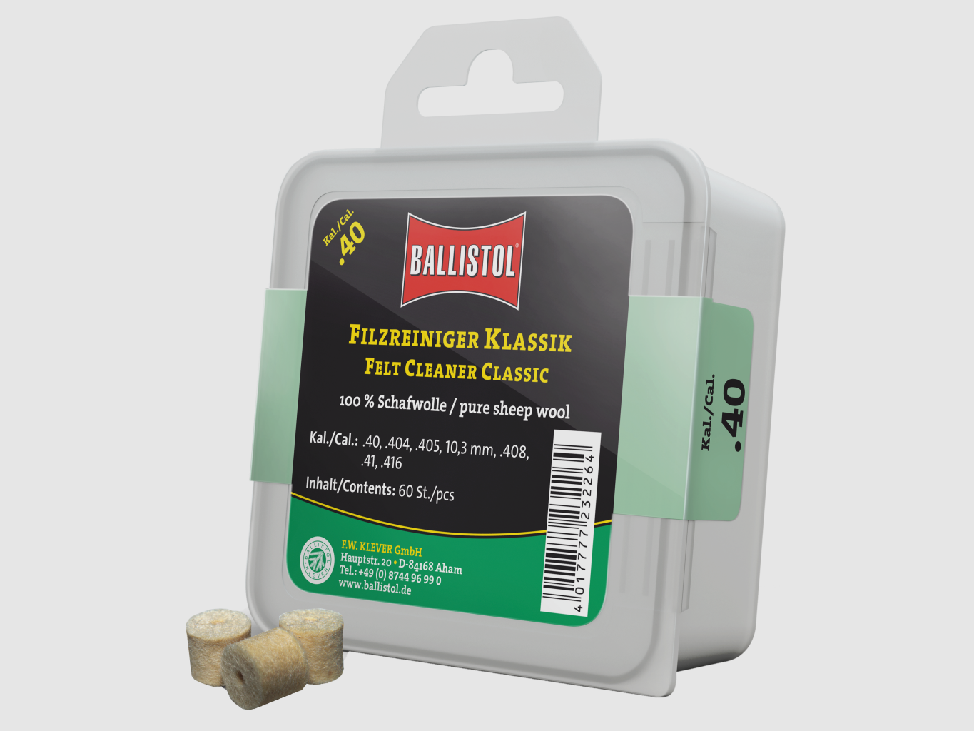 Ballistol Klassik viltreinigers, kal. .40, 60 stuks (voor kal. .40, .404, .405, 10,3 mm, .408, .41, .416), afbeelding 1 van 2
