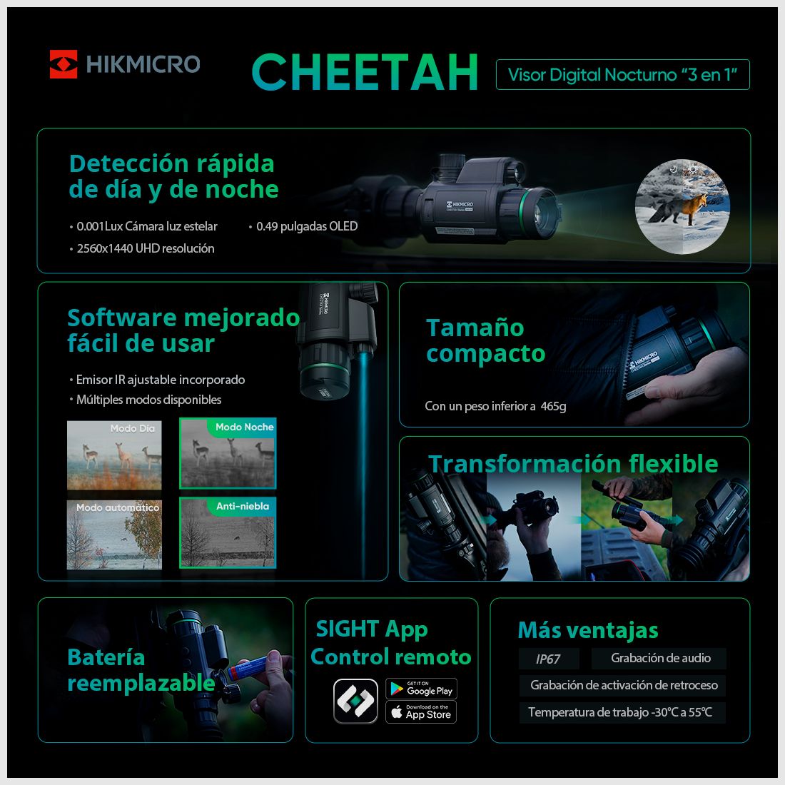 Visor nocturno digital Clip-On Cheetah C32F-RNL con telémetro y emisor IR 940 nm HIKMICRO, imagen 4 de 5