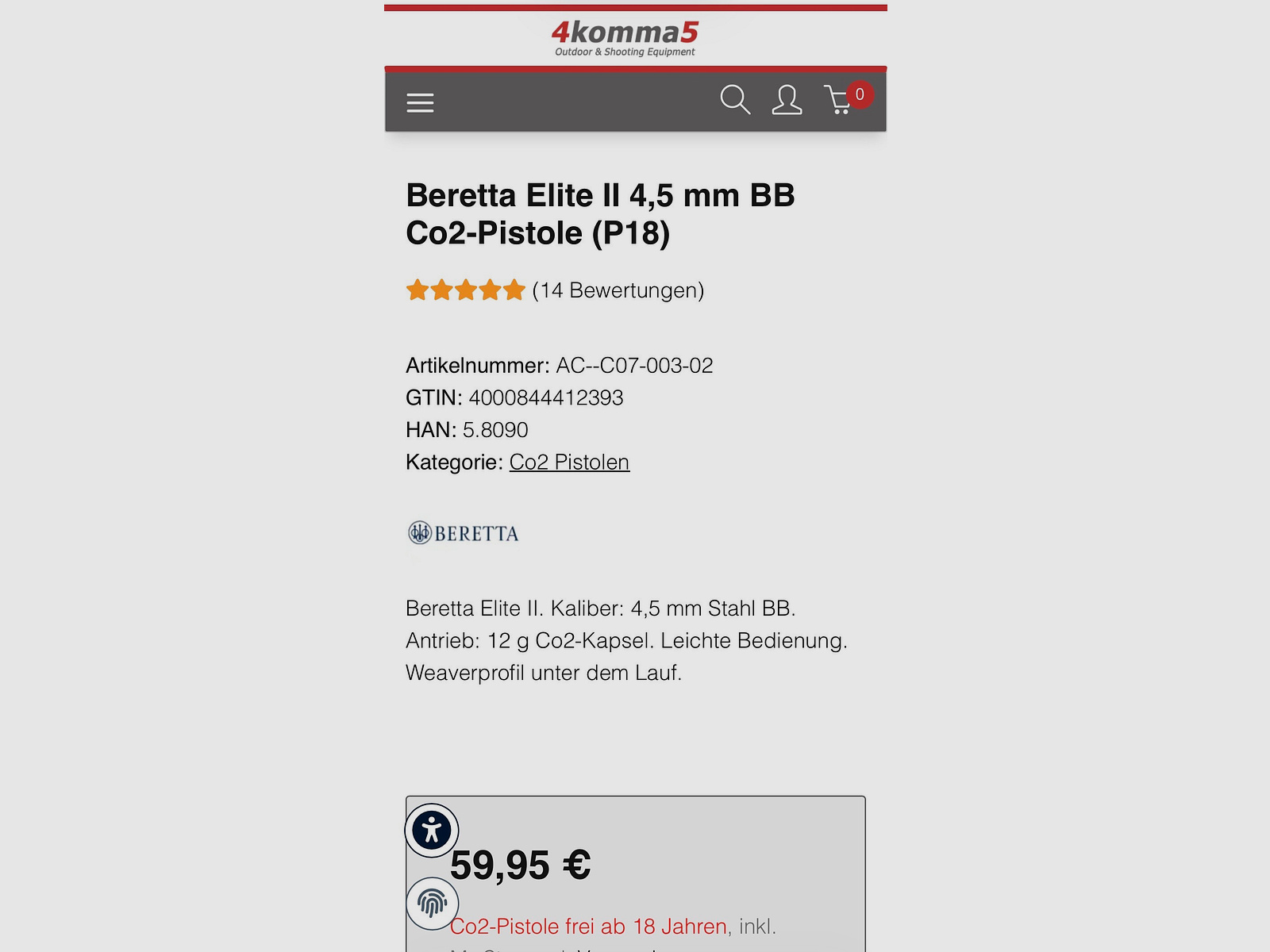 Beretta CO2 Elite II 4.5 mm (3.0 Joule) Neu mit Kugel und Brille