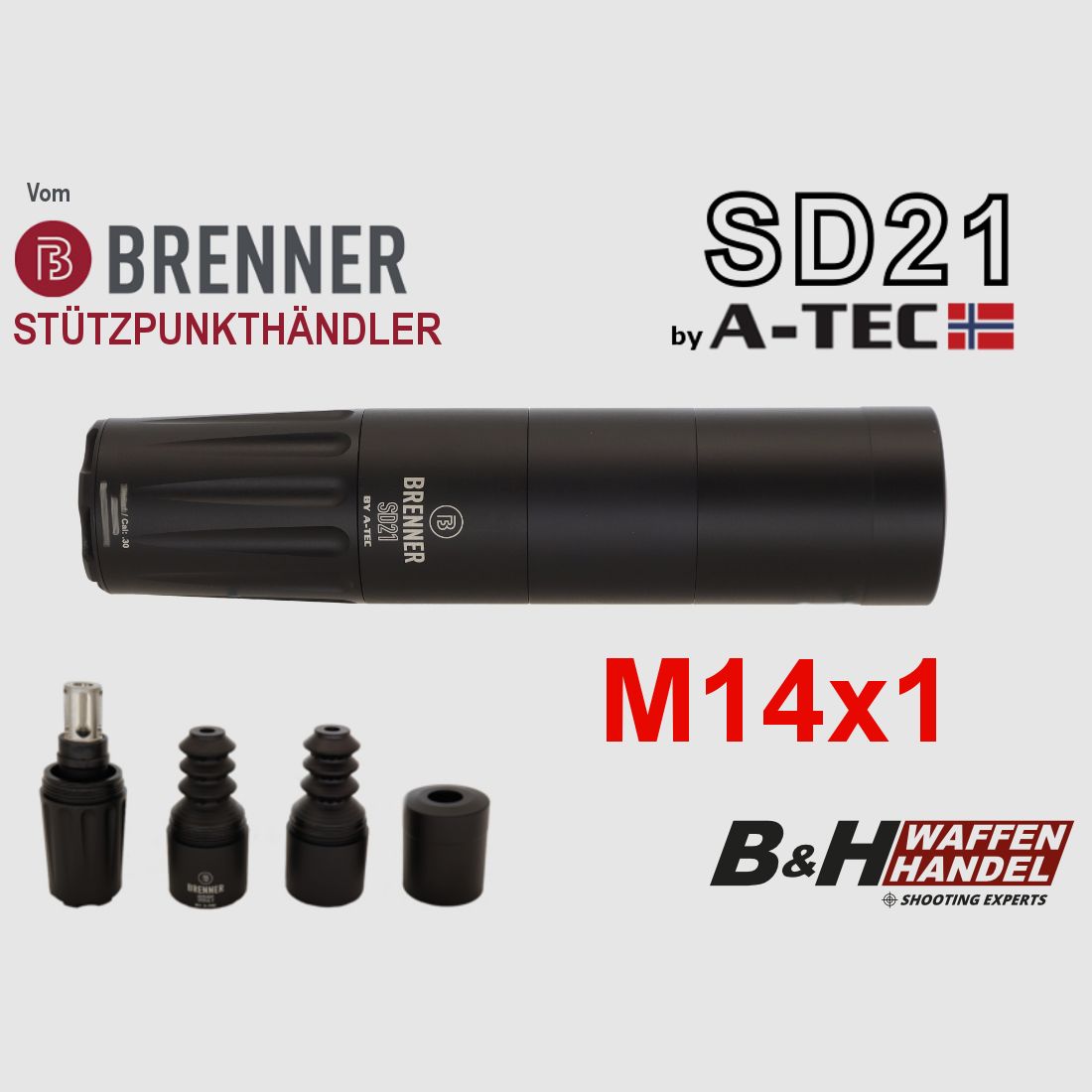 Brenner (by A-TEC) silencer SD21 over-barrel M14x1 up to cal.: .30