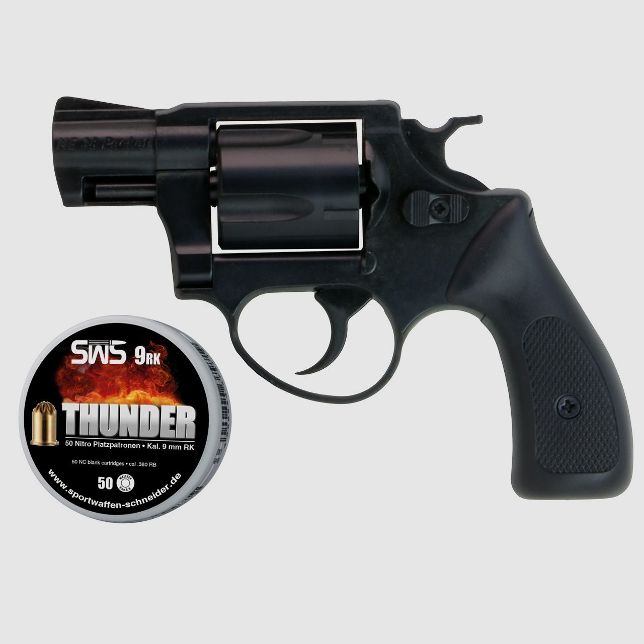 Schreckschuss Revolver Melcher ME 38 Pocket brĂĽniert Kunststoffgriff Kaliber 9 mm R.K. (P18) + 50 Schuss