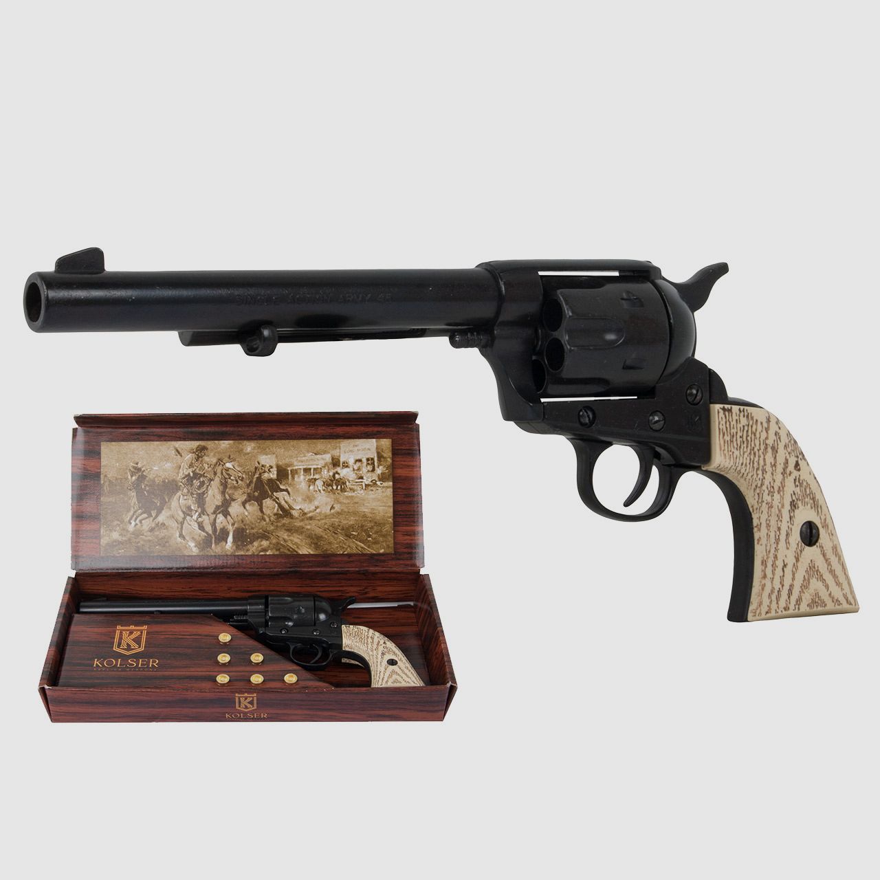 Deko Revolver US Kavallerierevolver Kolser Colt SAA .45 Peacemaker USA 1873 6,8 Zoll schwarz weiĂźe Kunststoffgriffaschalen