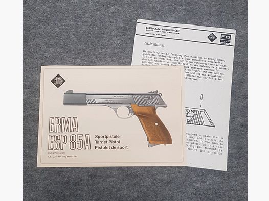 Erma ESP 85A Beschreibung Bedienungsanleitung Luftpistole Luftgewehr KK Gewehr Co2 Pistole siehe Beschreibung. Preis ab