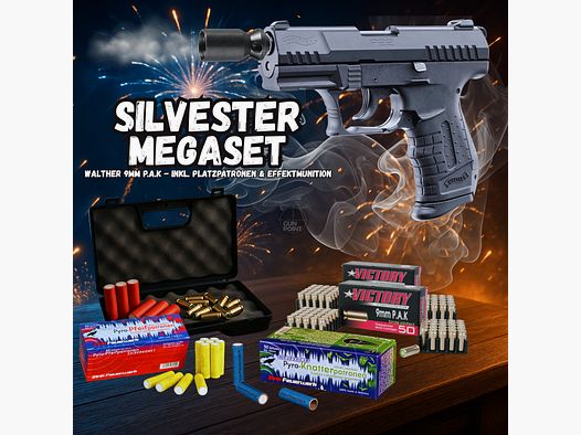 SILVESTER MEGASET !!! Pistola a salve - Walther P22 - 9 mm P.A.K. inclusa valigetta, 100 cartucce a salve e 100 colpi di munizioni a effetto
