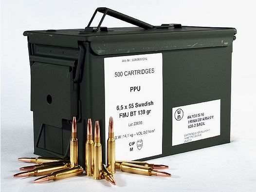 PPU-Munitionsbox mit 6,5x55 Swedish FMJ 139 grs 1 Munitionskiste (500 Schuss á 0,98 €*)