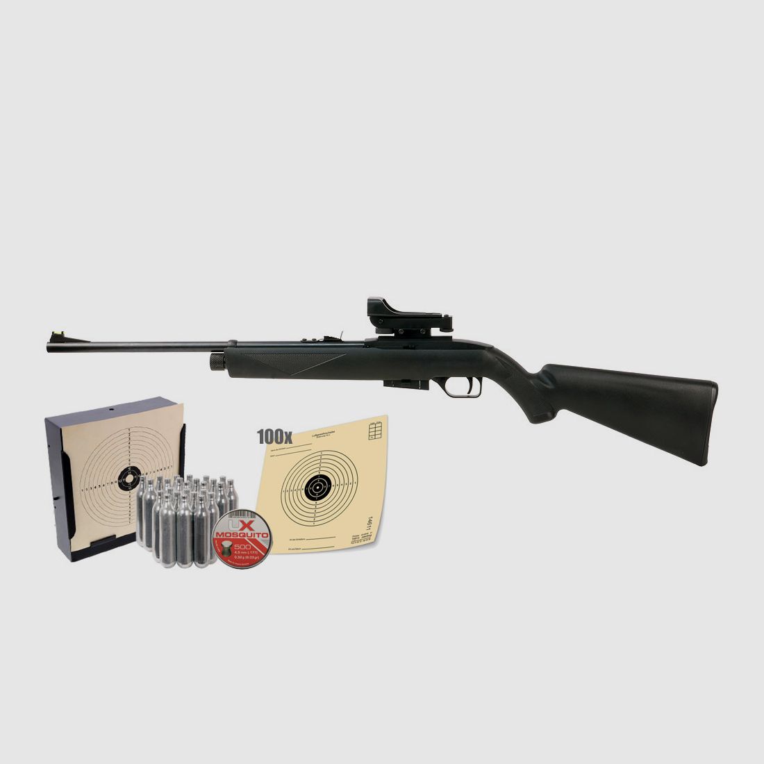 CO2 Luftgewehr Crosman 1077 Repeat Air Kunststoffschaft schwarz Kaliber 4,5 mm Diabolo (P18) + Red Dot Diabolos Zielscheiben CO2 Kapseln