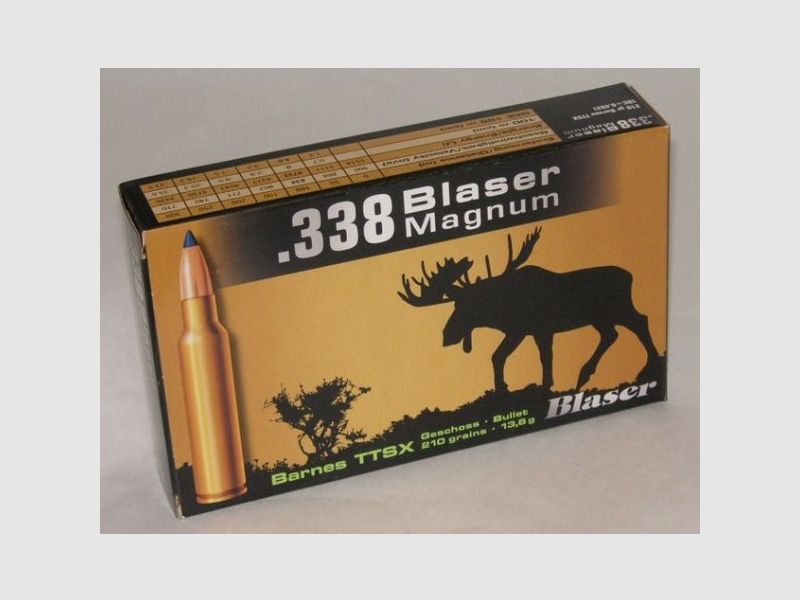 Büchsenpatronen Blaser .338 Blaser Magnum Barnes TTSX 13,6g. 210gr. Bleifrei!!!