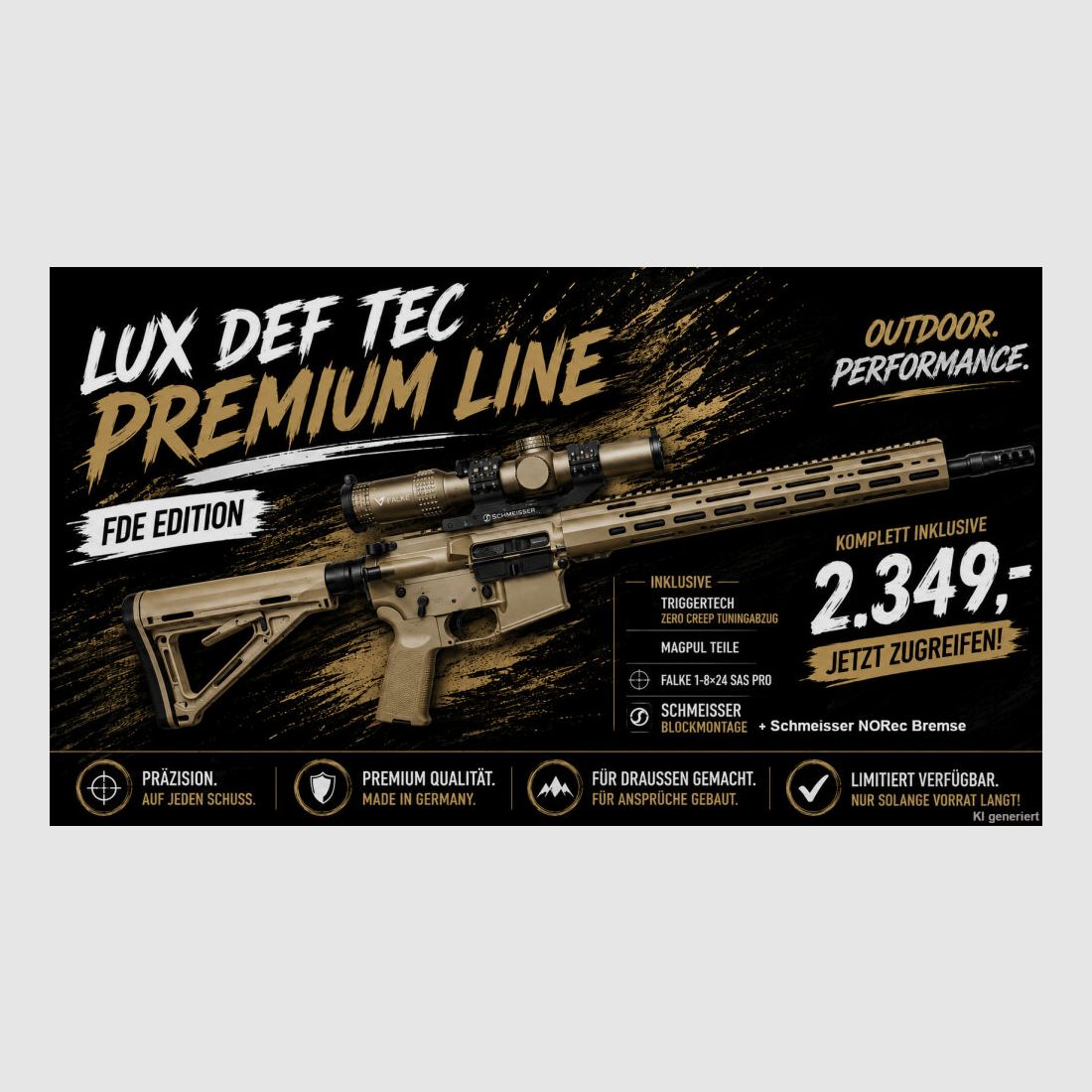Lux Def Tec L5L FDE Premiumline 16,75" w tym Triggertech Zero Creep Trigger Magpul kolba i uchwyt, Falke 1-8x24SAS Pro, SM34Mount i Norec hamulec