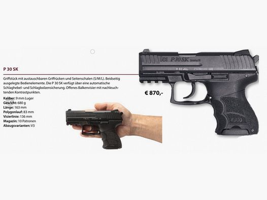 Heckler&Koch P30SK-V3 inkl. 3. Magazin mit Griff-Verlängerung Neuware WAFFEN FLÜHR ANSBACH