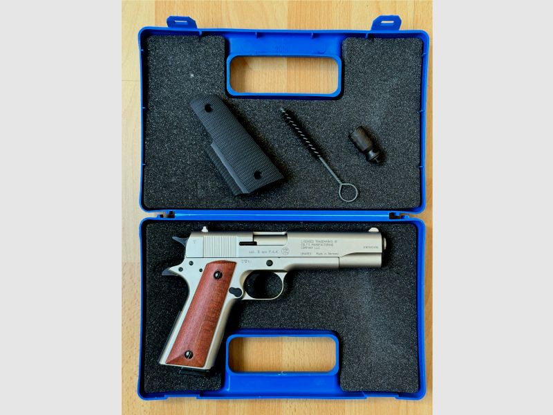 Colt Government 1911 A1 Schreckschuss Pistole 9mm P.A.K. Nickel (PTB 774) Holzgriffe
