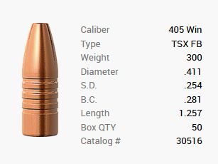 Barnes Bullet .405 Win./.411 300GR TSX HP FB 50 pieces
