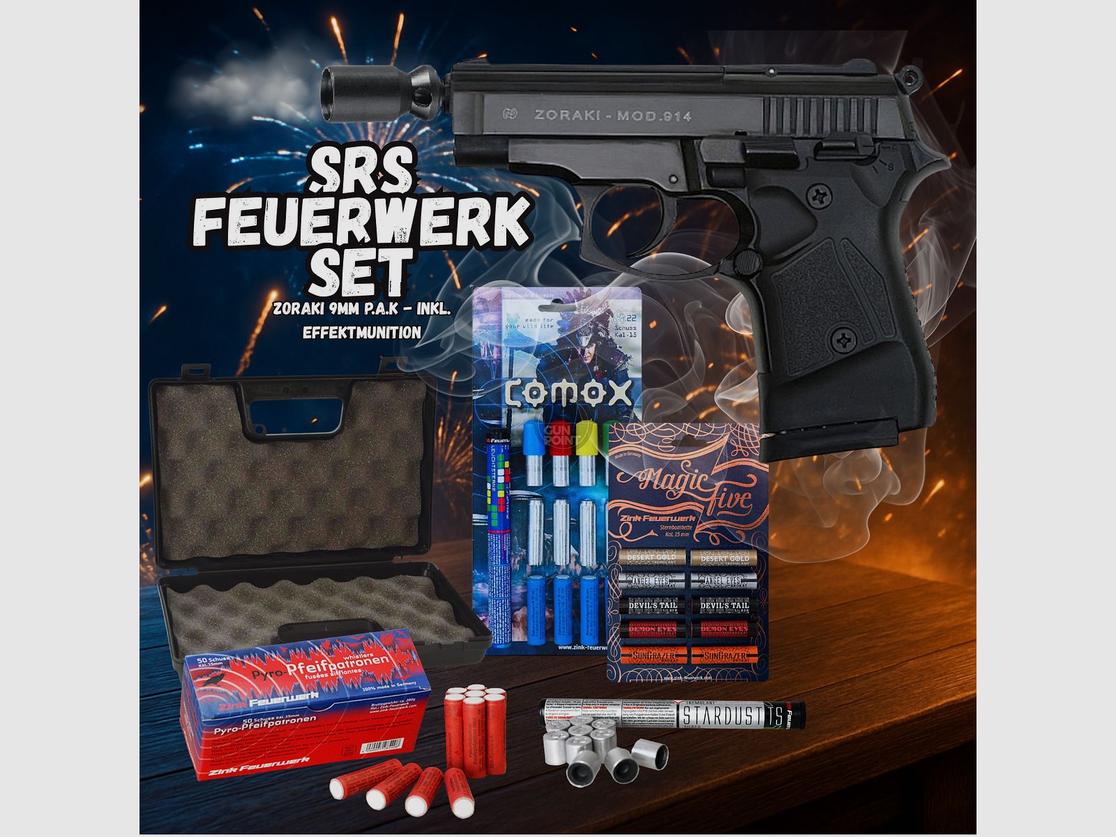 SET !!! Pistola a salve - Zoraki 914 - 9 mm P.A.K. inclusa custodia e 92 colpi di munizioni effetto/fuochi d'artificio