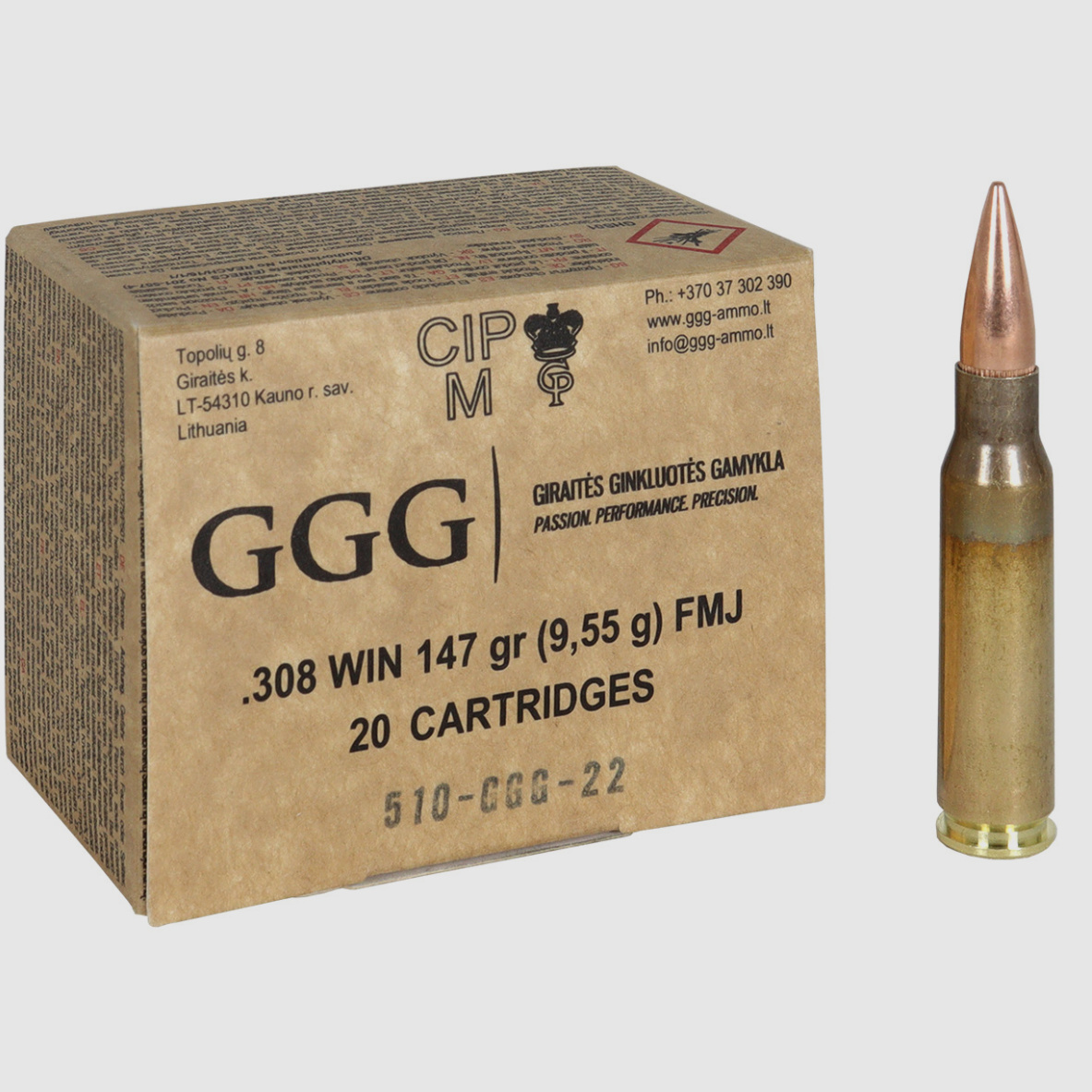 GGG .308 Win. 147GR FMJ BT 20 Patronen