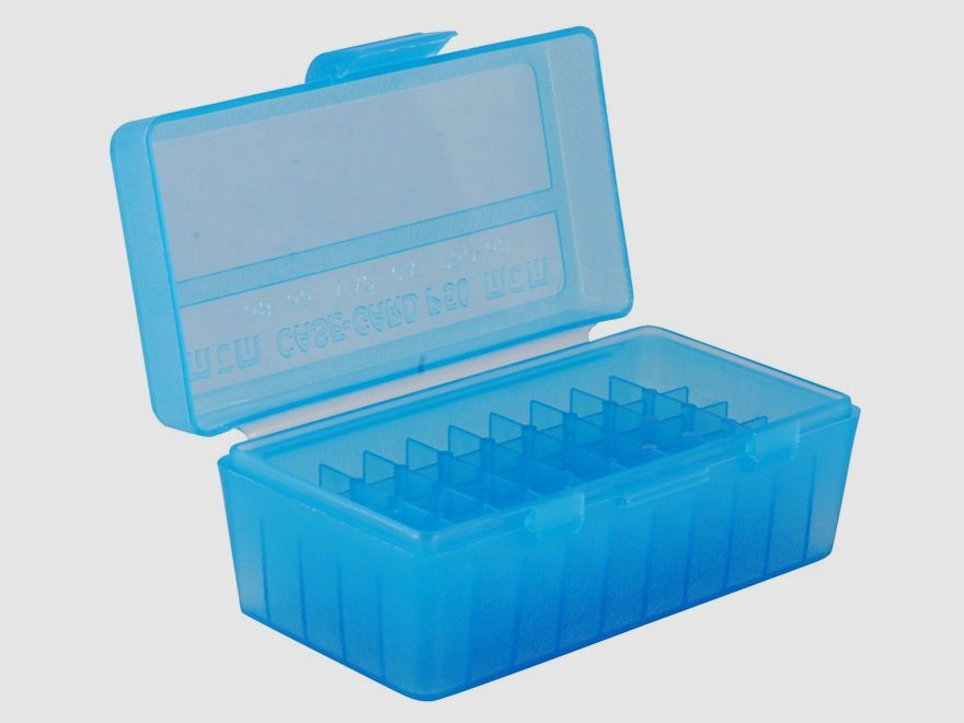 Boîte à cartouches MTM P50-38-24 bleu clair avec couvercle rabattable pour 50 cartouches .38 Spec. et autres.