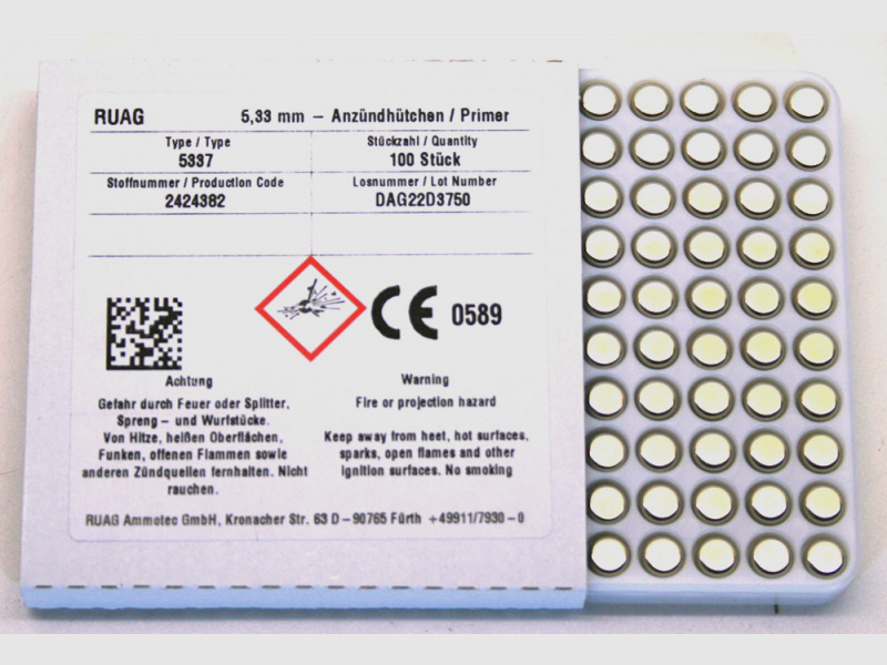 1000 Stück RWS/RUAG SN Amboss Boxer Anzündhütchen #5337 Large Pistol L.P. 5,33mm .210 Revolver Pisto