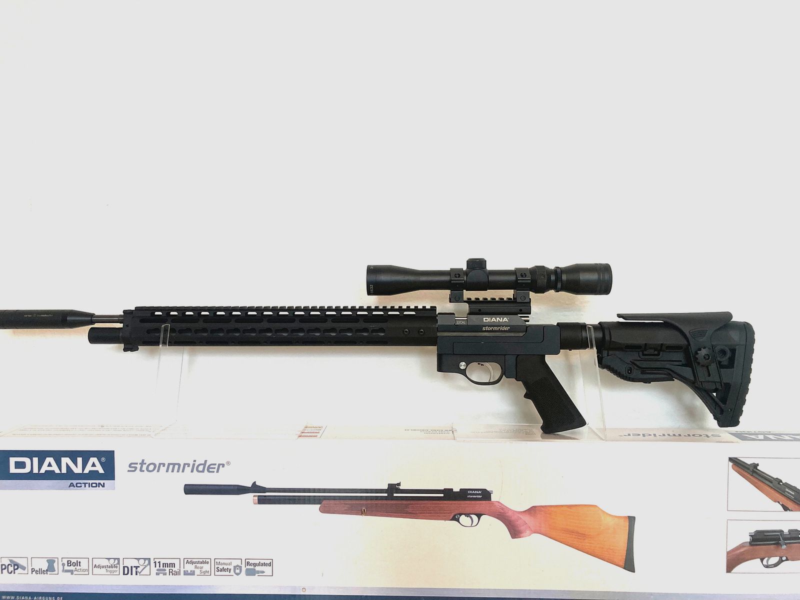 Carabine à air Diana Stormrider avec système de crosse aluminium AR15-Tactical et lunette 3-9x32, F libre dès 18 ans avec kit export 35J