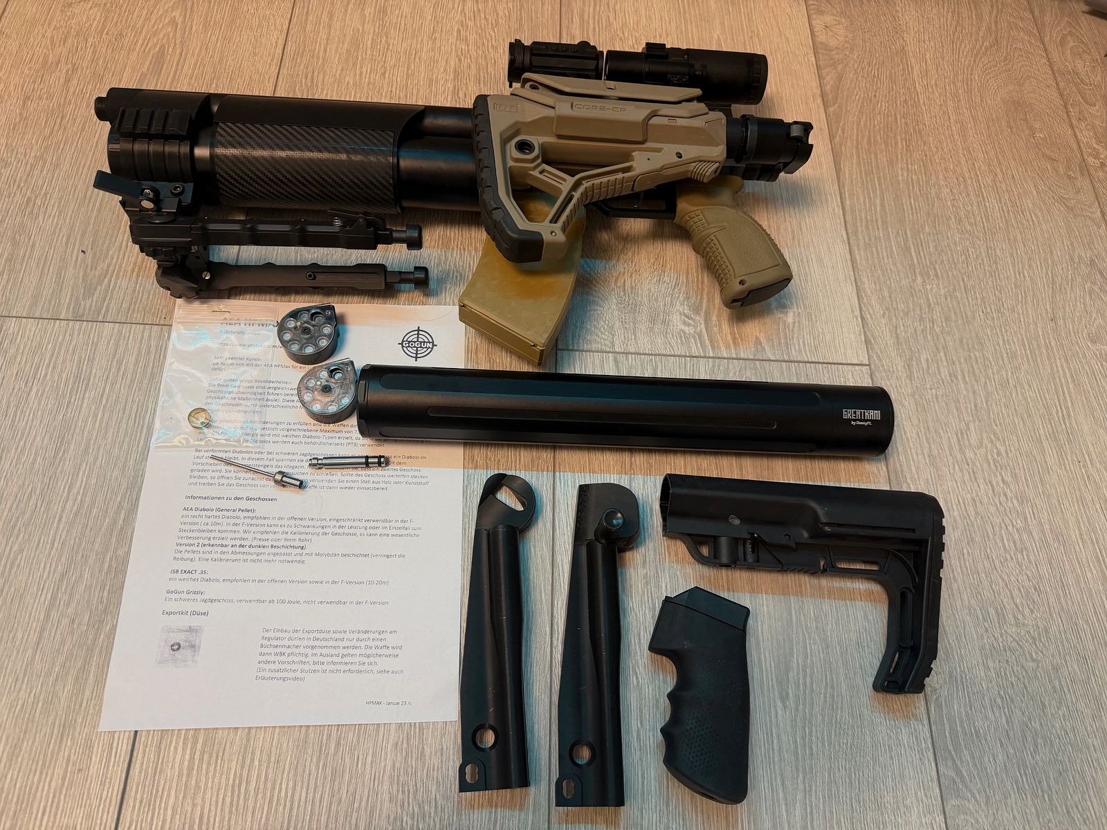 AEA HP-Max MK 1 Kal. .35 9mm F-Luftgewehr Pump-Action, RED-DOT i składany powiększacz 1-5x (Magnifier), Taktyczny, FAB-Stock, Donny FL, dwójnóg tactical