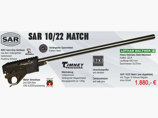 Schwaben Arms GmbH SAR 10/22 MATCH semi-automatic rifle in caliber .22L.R. suitable for RUGER 10/22