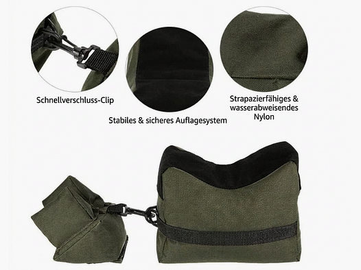 Schießsack SET Gewehr Auflagekissen Einschieß-Sack Vorne & Hinten mit Schnellverschluss-Clip