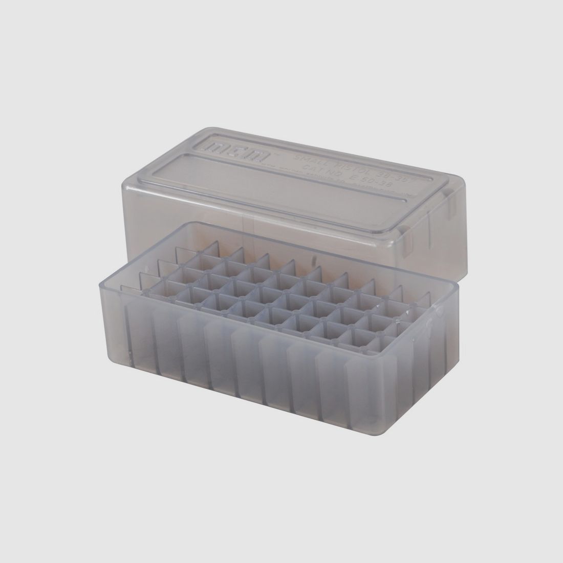 MTM cartridge box E50-38-41 smoke clear with lid for 50 cartridges .38 Spec. and others.