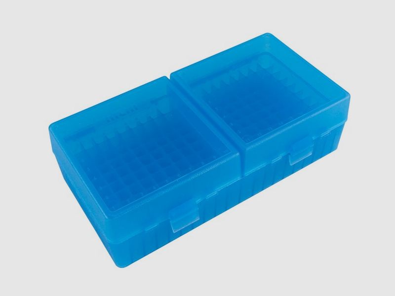 Caja de cartuchos MTM RS-200-24 azul transparente con tapa abatible para 200 cartuchos .223 y otros.