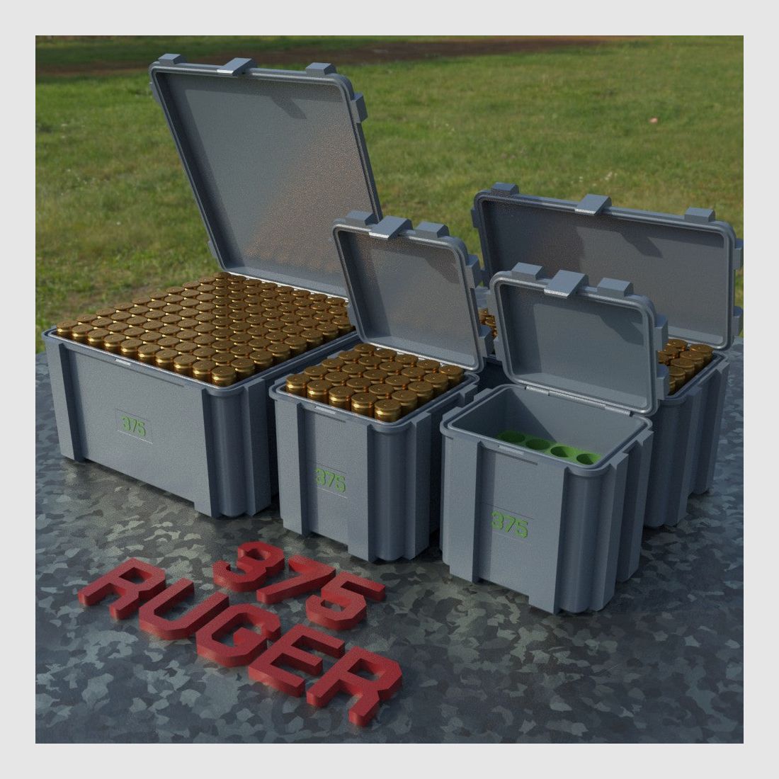 Filamelt ammunition box / .375 Ruger / 'flip lid' / cartridge box, ammo box