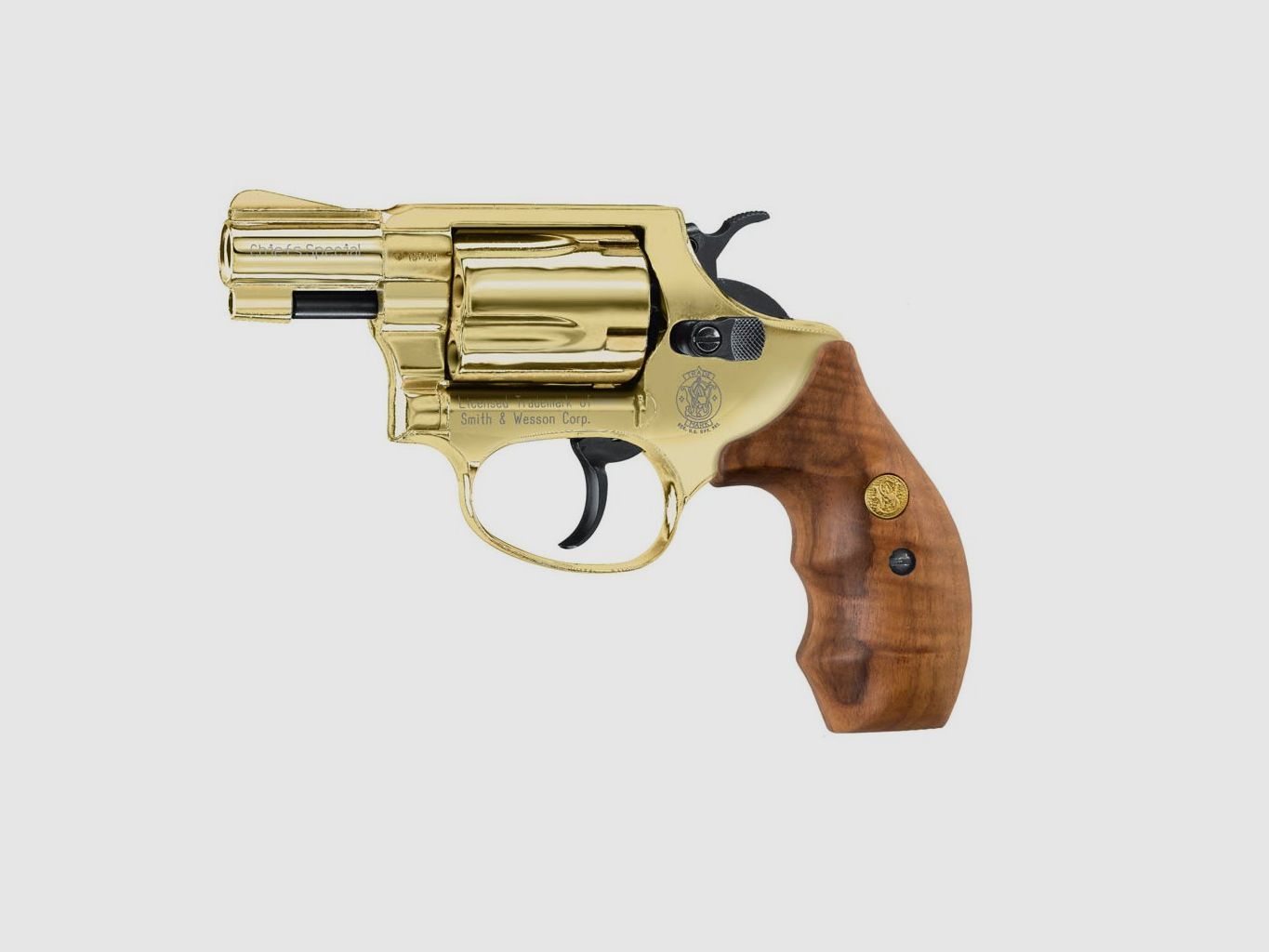 Smith & Wesson Chiefs Special 9 mm R.K., 24 Karat vergoldet, Holzgriffschalen