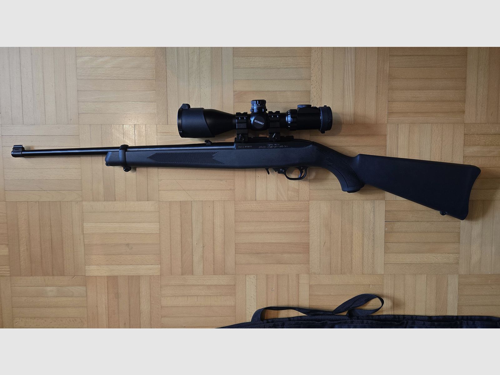 Ruger 10/22 Compact .22lr small caliber long gun. Wooden stock and synthetic stock (interchangeable system) with plenty of accessories