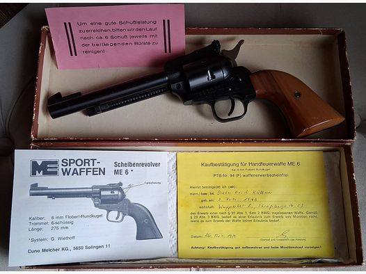 Revolver ME 6 by Cuno Melcher in 6mm Flobert round. No license required, does not count towards the quota