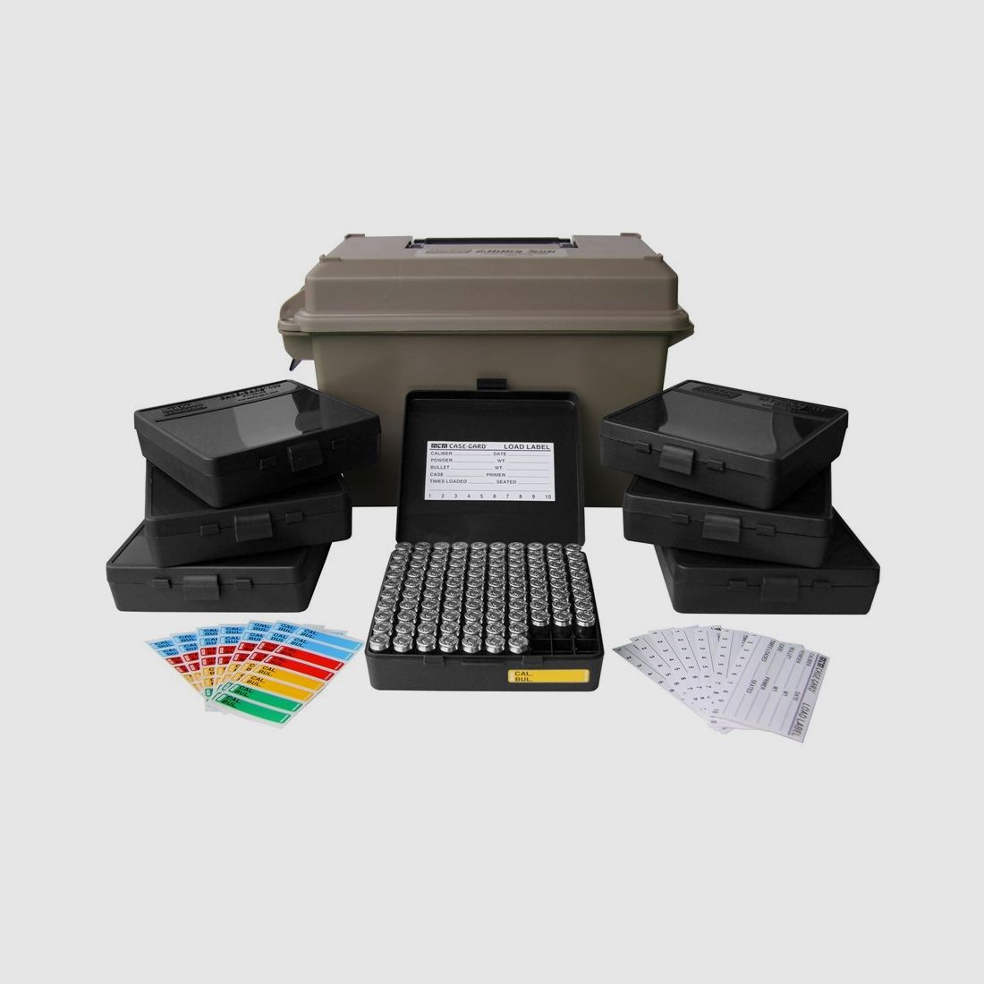 MTM scatola munizioni ACC45 dark earth per 700 cartucce inclusi 7 scatole di cartucce P-100-45 per .45 ACP e altri.