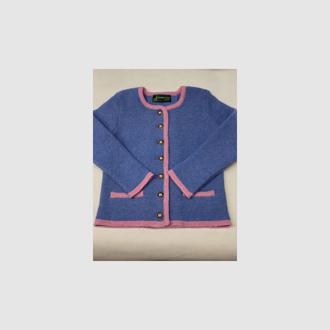 Cardigan pour enfants avec pli en laine mérinos bleu/rose, image 1 sur 2