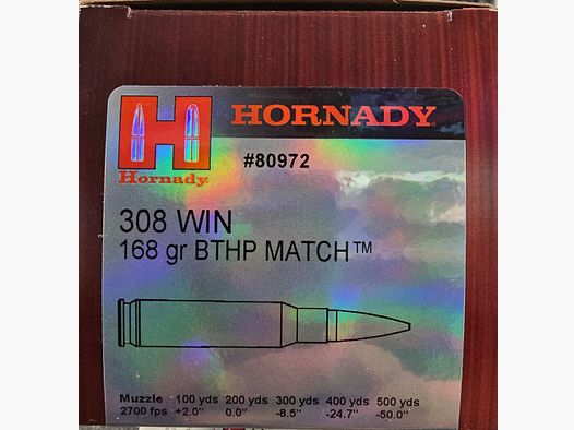 Hornady Match 308Win 168gr BTHP .308 WIN 168GR BTHP MATCH - 500 Schuss sofort verfügbar +50€ ADR Versand