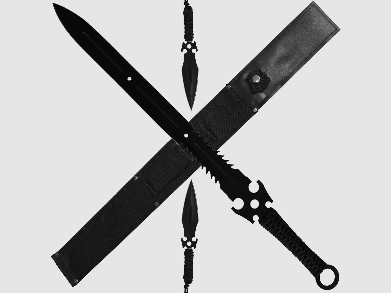 Sword with back holder and 2 throwing daggers / throwing knives