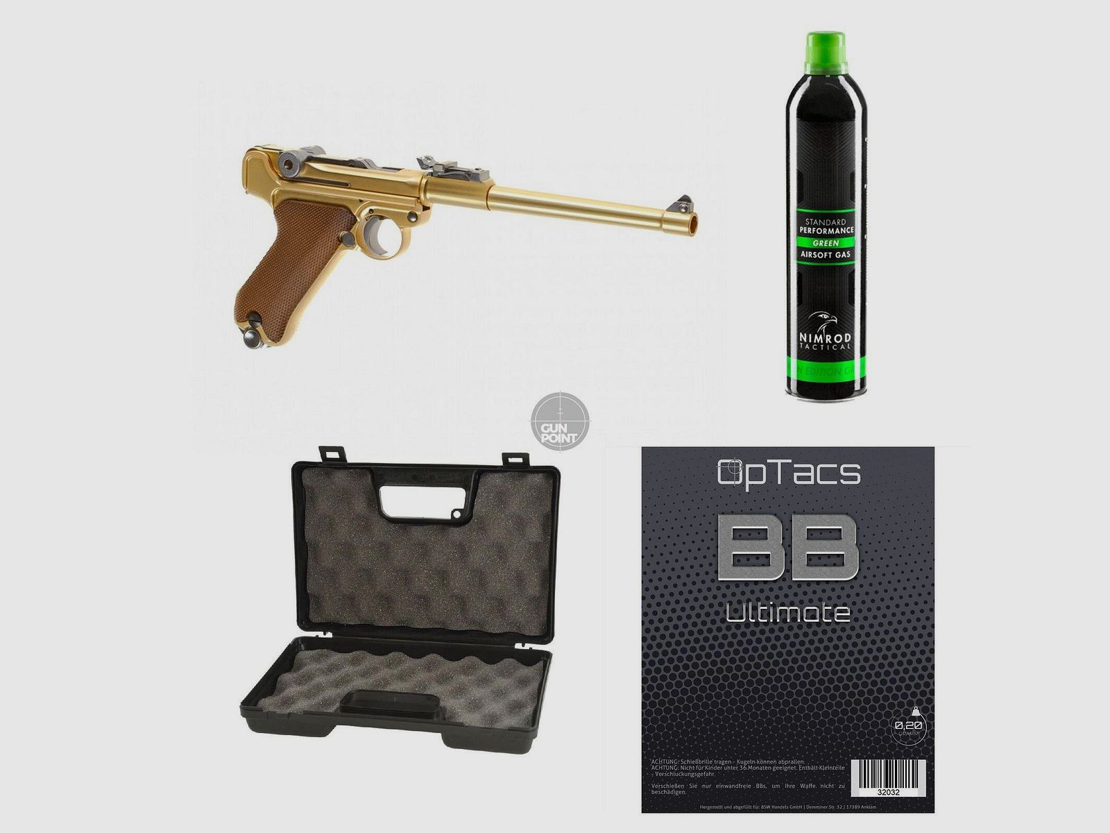 SET !!! Softair - Pistole - WE - P08 8 Inch Full Metal GBB gold - ab 18, ber 0,5 Joule