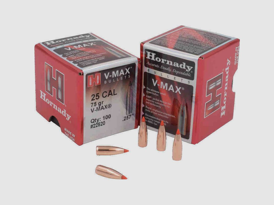 BOX OF 100 BULLETS HORNADY 25 CAL .257 75 GRS V-MAX