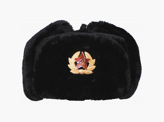 Russische Fellmtze, schwarz, mit Abzeichen
