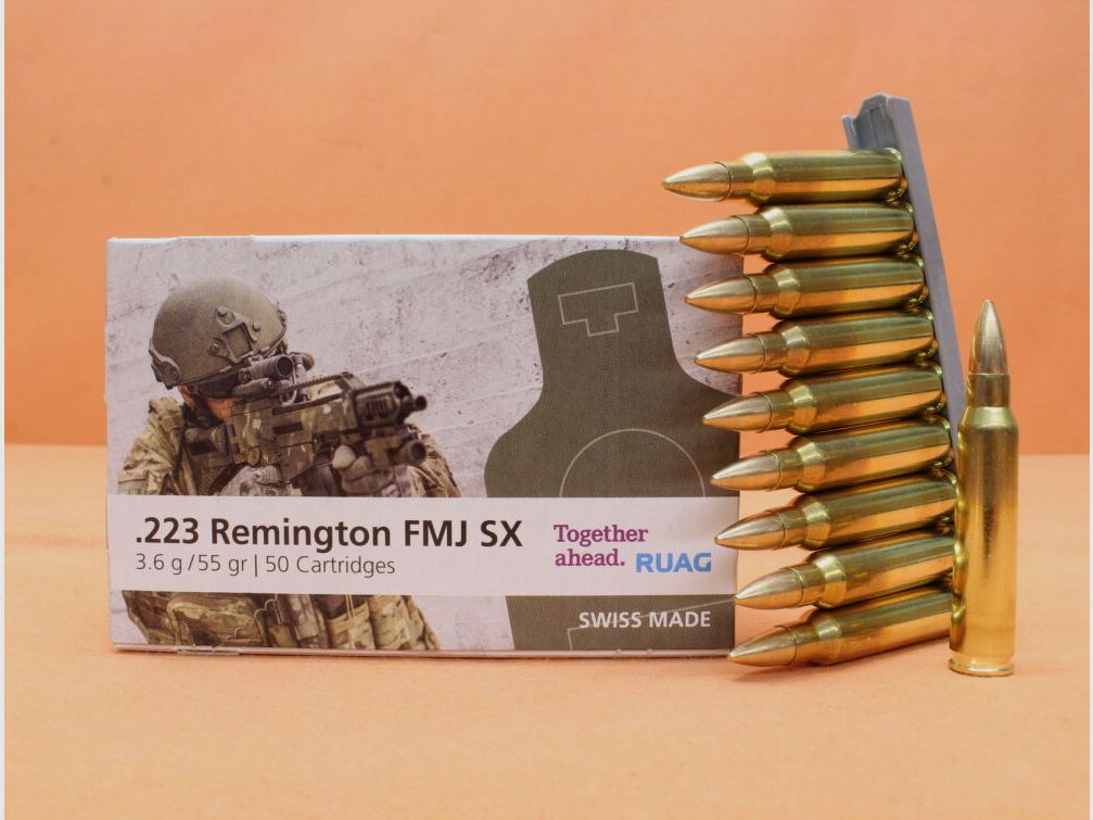 RUAG Patrone .223Rem RUAG 55grs FMJ SX (2412244) VE 50 Patronen/ 3,6g Vollmantel-Target (Schadstoffreduziert)