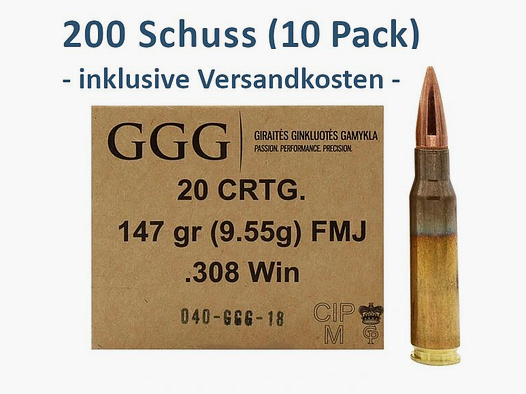 GGG .308 Win. GPX FMJ 147 grs 10 Packungen (200 Schuss)
