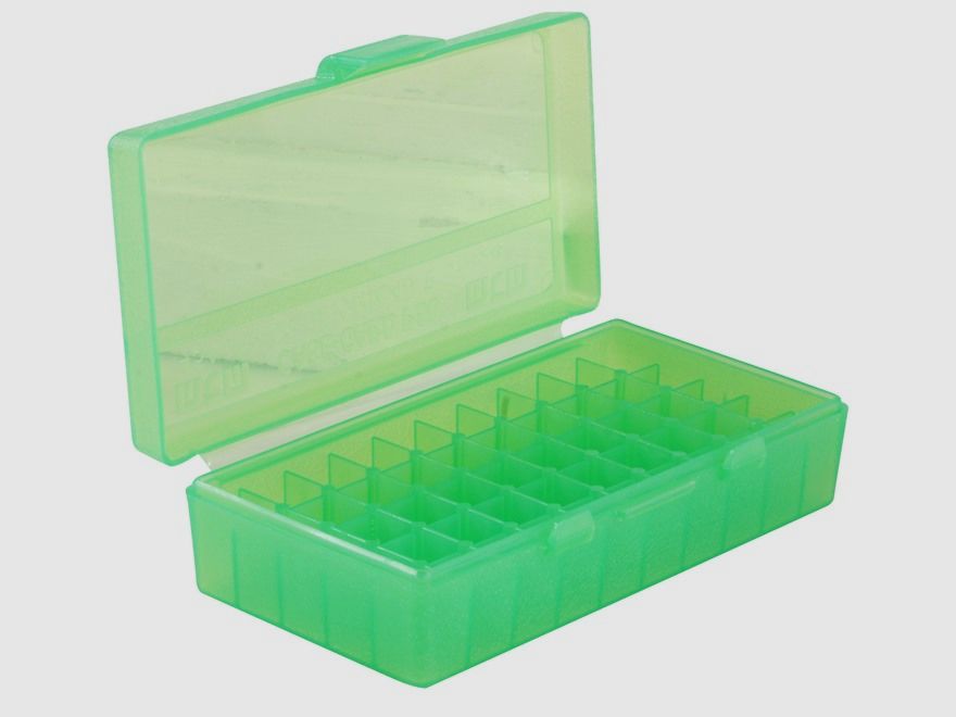 Boîte à cartouches MTM P50-45-16 verte transparente avec couvercle rabattable pour 50 cartouches .45 ACP et autres.