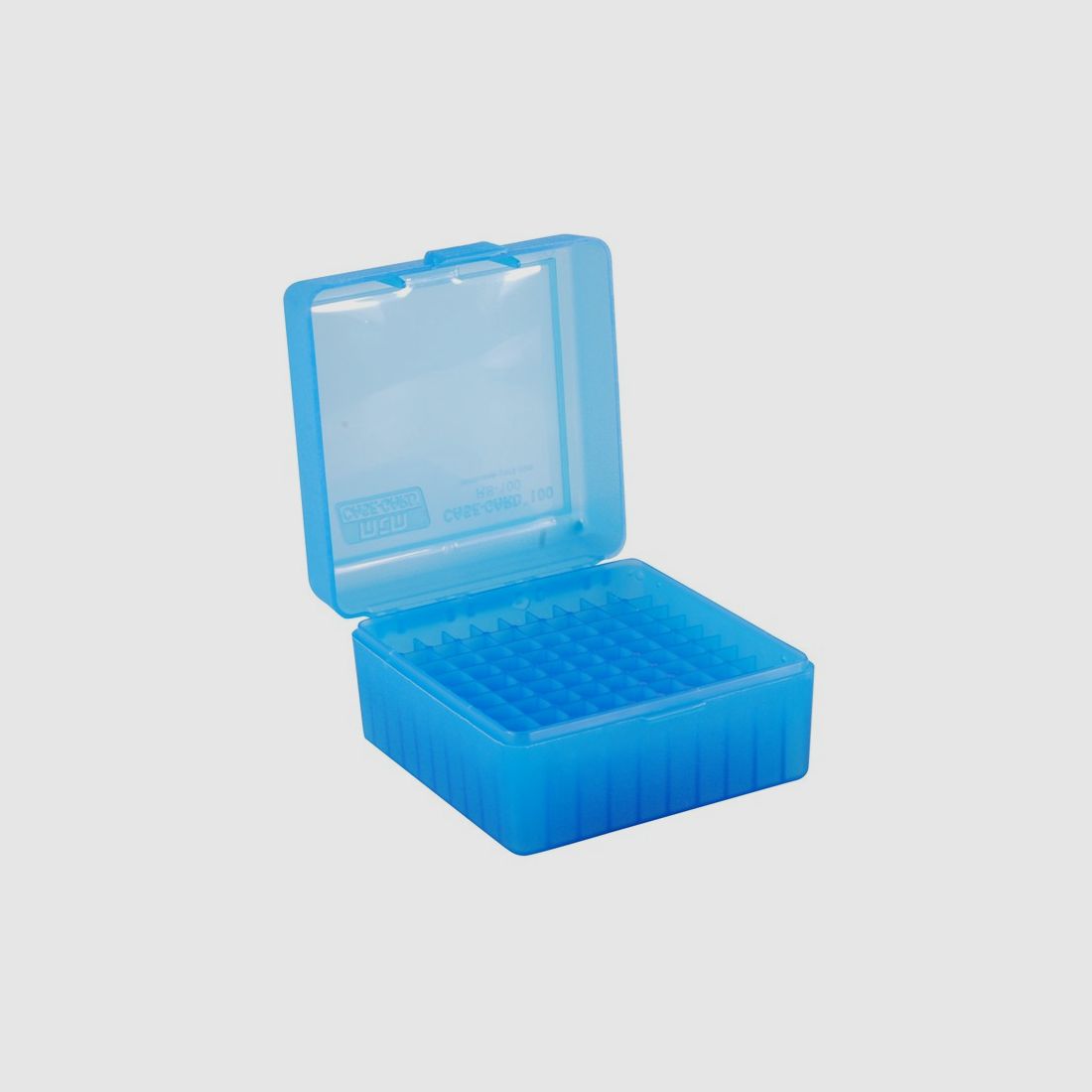 MTM scatola per cartucce RS-100-24 blu trasparente con coperchio a ribalta per 100 cartucce .223 e altre.